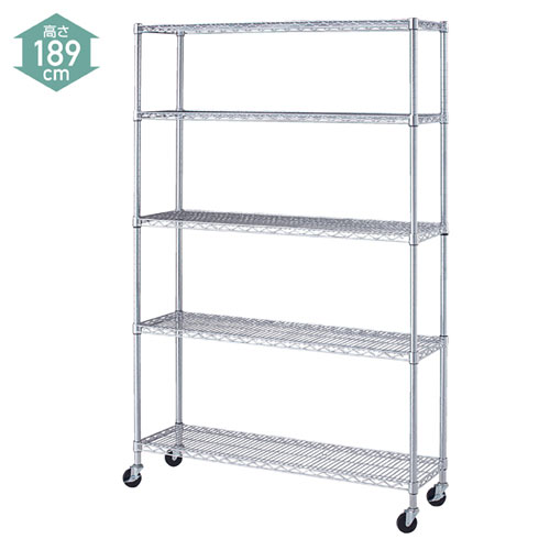 ワイヤーラック D35cmタイプ キャスター付き H189cm 5段 D35.7cm W121.2cm 61-62-8-3 【シリーズ什器 ワイヤーラック・スチールラック ワイヤーラックベーシックタイプ ワイヤーラック D35cmタイプ キャスター付き H189cm 5段スチールラック】【メイチョー】 2