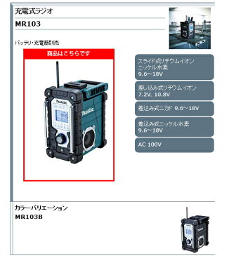 【 マキタ 電動工具 】充電式ラジオ 青 【バッテリ・充電器別売】 iPod/iPhone対応 MR103 【 DIY 作業用 工具 プロ 愛用 】 メイチョー