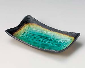 【まとめ買い10個セット品】和食器 ネ137-078 緑彩手作り長角皿【キャンセル/返品不可】【メイチョー】