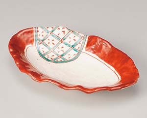 和食器 オ197-028 赤絵緑格子花型楕円皿【メイチョー】