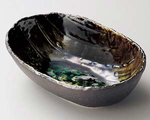 【まとめ買い10個セット品】和食器 イ265-138 いぶし黒織部手作り楕円鉢(大)【キャンセル/返品不可】【メイチョー】