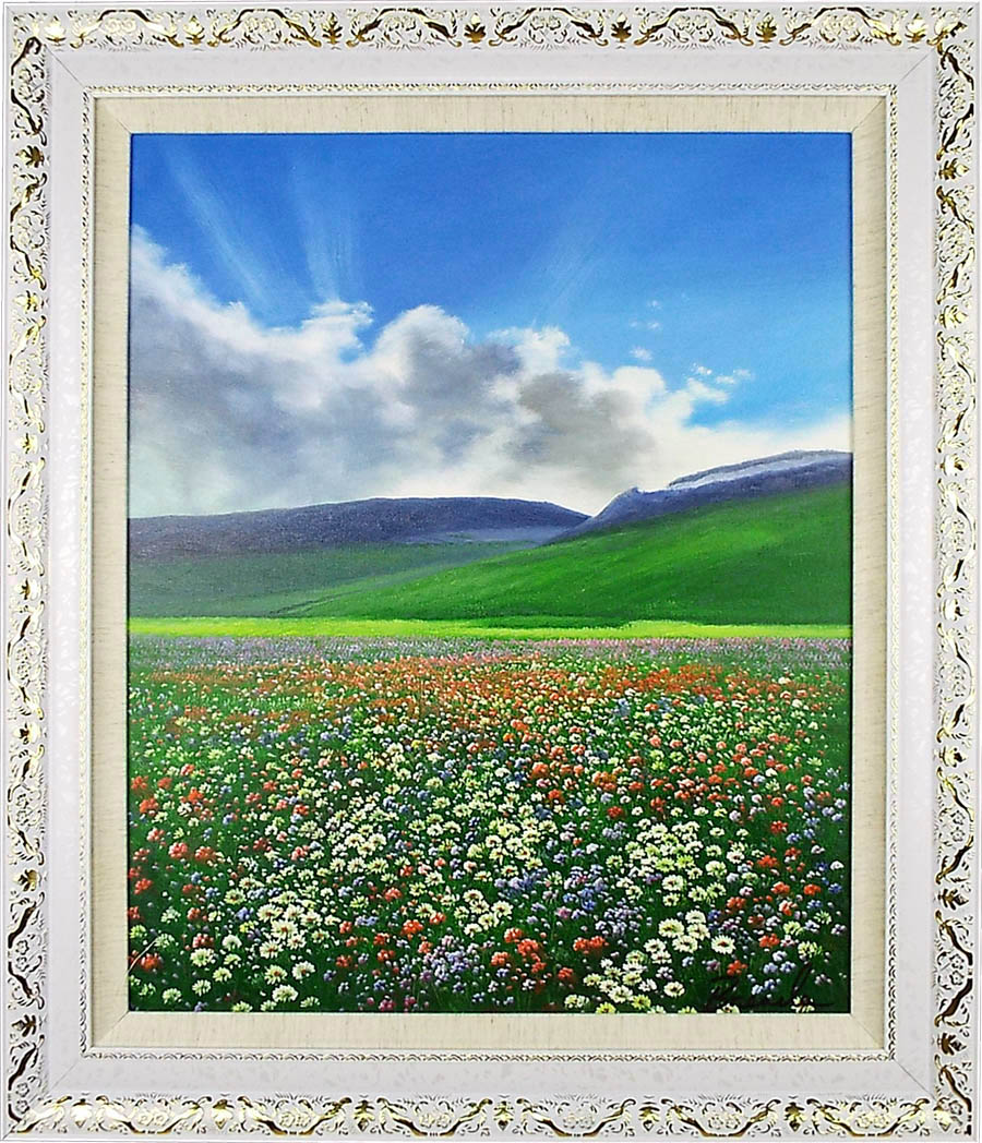 風景の絵 絵画 油絵 アートパネル開業祝い 開院祝い「青い空と花畑」額入り油絵20号（額約75cm×65cm）おしゃれな壁掛…