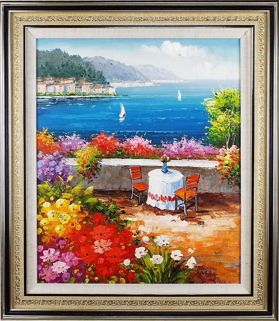 海の絵 絵画 油絵 アートパネル開業祝い 開院祝い「地中海のカーテン」額入り油絵20号（額約75cm×65cm）おしゃれな壁…
