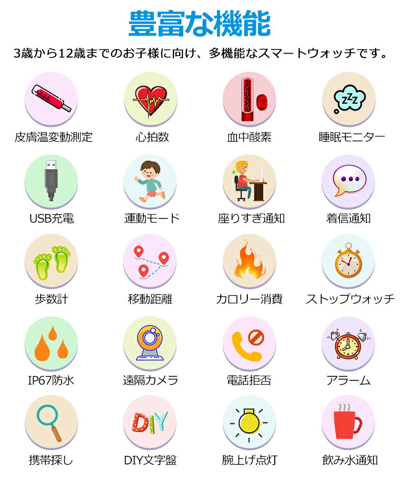 【期間限定！クーポンで5280円！】キッズ 腕時計 スマートウォッチ 子供用 24時間健康管理 皮膚温変動測定 心拍数 血中酸素濃度 運動モード 着信通知 歩数計 遠隔カメラ 電話拒否 多機能腕時計 IP67防水 男の子 女の子 おもちゃ 小学生 子供 誕生日 プレゼント 人気KIDS-C07Q