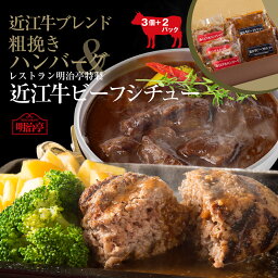 【ハンバーグ＆ビーフシチューのセット】送料無料 近江牛ブレンド粗挽きハンバーグ3個 & 近江牛ビーフシチュー2袋セット オリジナルソース入り 冷凍 温めるだけ 湯煎 簡単調理 高級 ギフト 御祝 内祝 詰め合わせ 和牛 母の日