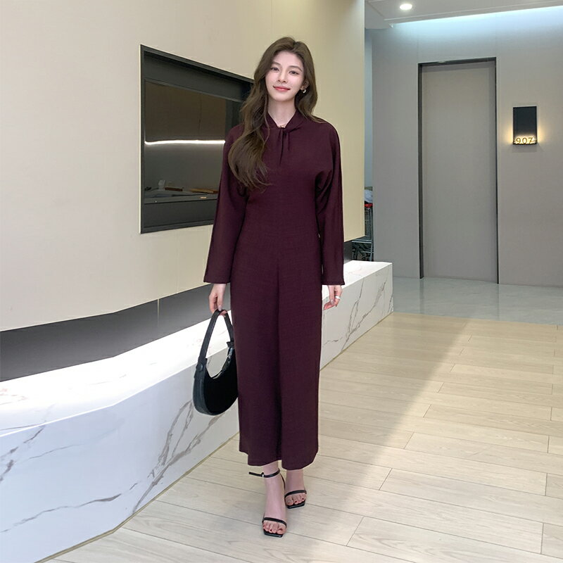 【送料無料】ロングワンピース シャツワンピ 前開き カジュアル シンプル 体型カバー ゆったり 春 秋 冬 レディース ニット 着やせ レディース ロング丈 お洒落 スリム タイトPOLO Vネック 長袖 厚手 きれいめ エレガント 長袖 無地 S~XL