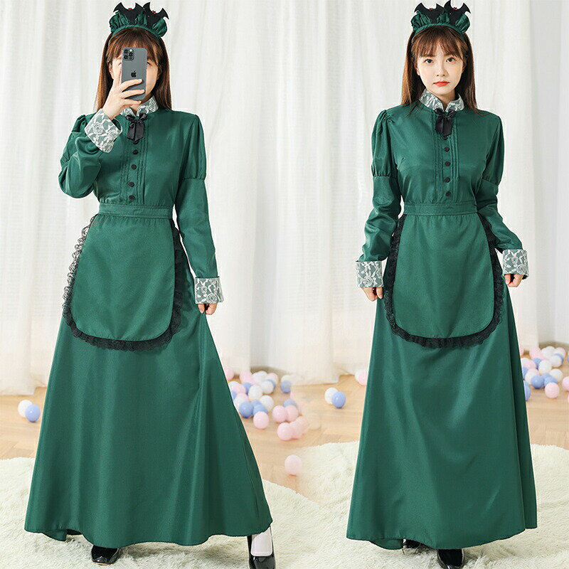 コスプレ ハロウィン 洋館メイド メイド レディース ハロウィンコスプレ 大人 女性 可愛い ロング レディース S M Lグリーン 衣装 仮装 コスチューム ...