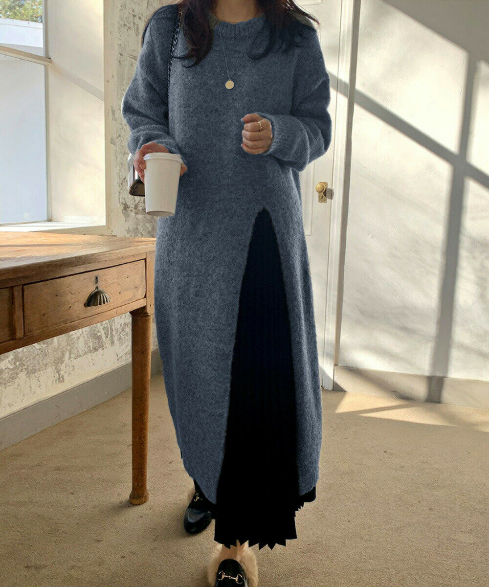 乐天商城 - 【ポイント3倍】ニットワンピース 秋冬 ディープスリット レディース おしゃれ ロングワンピース 長袖 ラウンドネック ワンピース ゆったり 体型カバー Iラインワンピ韓国 無地 2CHKE-001