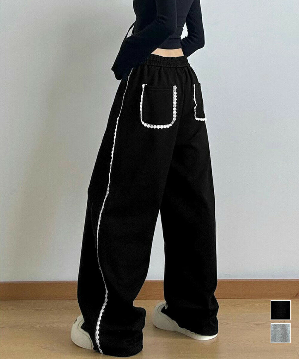樂天商城 - 【ポイント3倍】スウェットパンツサイドレースラインパンツ レディース ハイウエスト リラックスパンツ ウエストゴム ワイドパンツ ゆったり イージーパンツ 体型カバー ズボン秋冬 24BDMS-017