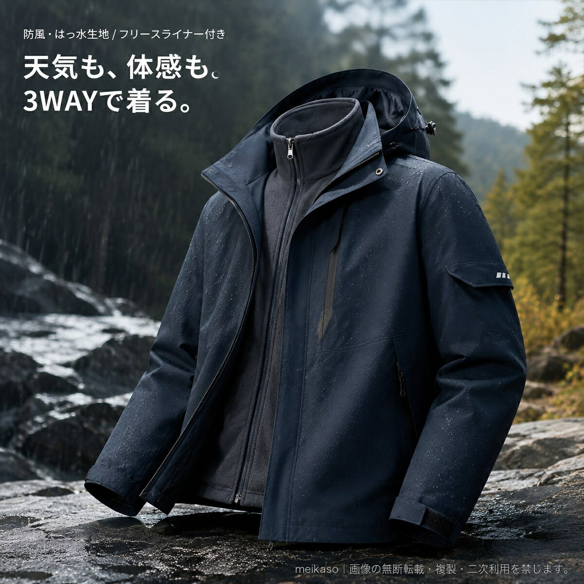 アウトドアテイストで着回せる、メンズ3WAYジャケットです。アウターとフリースライナーを重ねて、またはそれぞれ単体で着用できる仕様。取り外しできるフード、風を防ぐ生地、はっ水性のある生地を備え、秋冬の外出やアウトドアシーンに活躍します。表地・裏地・ライナーはいずれもポリエステル100%。標準的なシルエットで、Mから5XLまでのサイズと全7色からお選びいただけます。▲バナーをタップしてクーポンを獲得できます5,980円5,280円6,680円7,180円