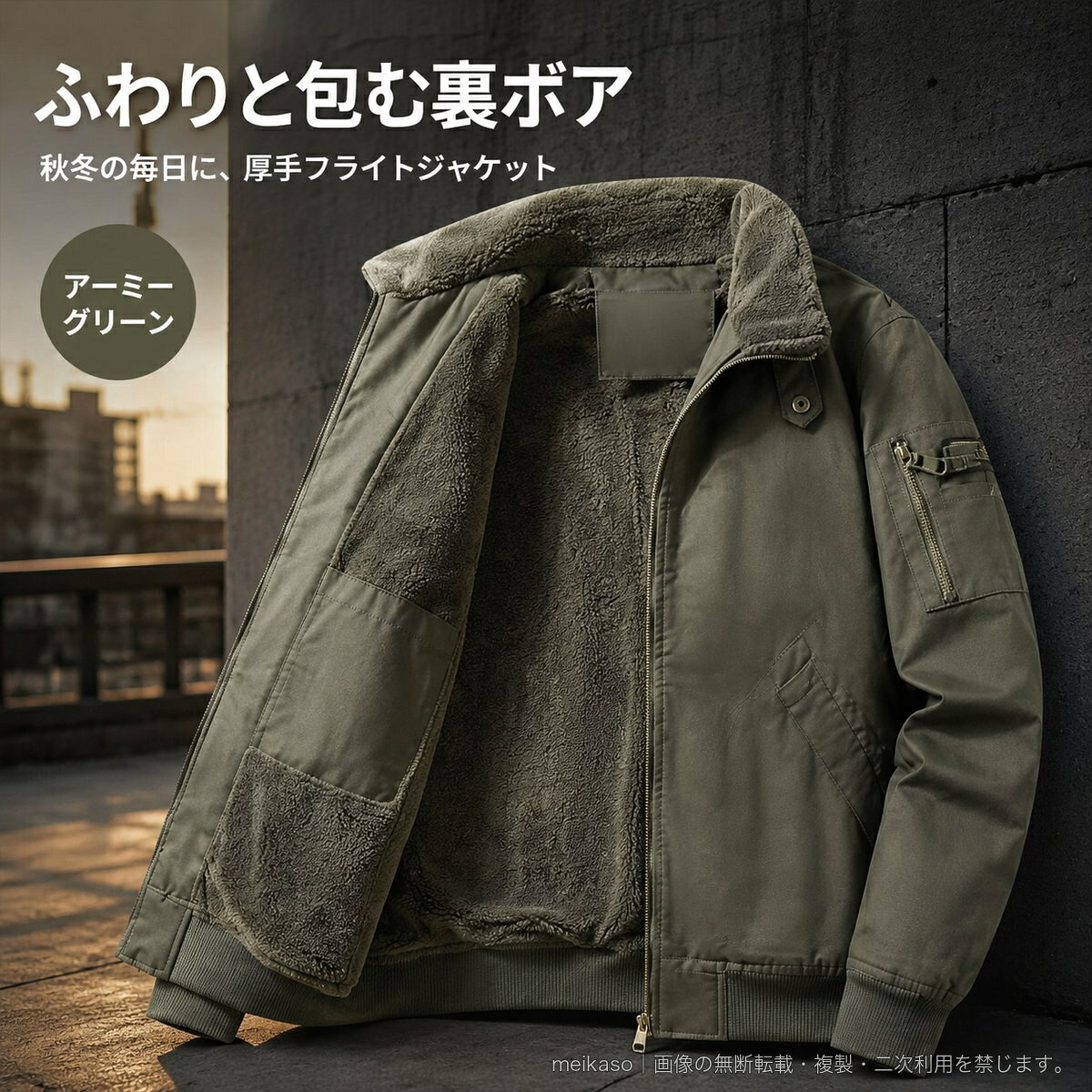 秋冬のデイリーウェアに取り入れやすい、メンズ向けの裏ボアフライトジャケットです。表地はポリエステル100%。裏面にはふわりとしたボア素材を使用し、襟元から身頃、袖まで暖かな印象に仕上げています。フロントはファスナー開閉式で、襟元にはボタン付きのディテールをプラス。袖口と裾はリブ仕様で、すっきりとした着こなしを演出します。斜めに配したフロントポケットと袖のファスナーポケットが、ワークテイストのアクセントに。標準シルエット・レギュラー丈の長袖タイプで、普段使いからアウトドアテイストのコーディネートまで活躍します。カラーはブラック、カーキ、アーミーグリーン、サイズはMから5XLまでご用意しています。▲バナーをタップしてクーポンを獲得できます5,080円4,980円2,480円5,180円