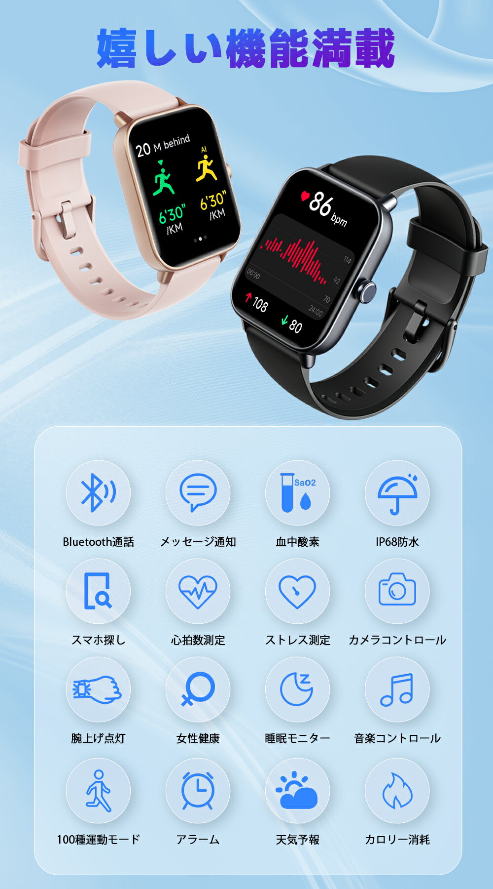 「12000円⇒2180円」スマートウォッチ 通話機能 1.8インチ大画面 健康管理 ストレス測定 心拍数 血中酸素 Bluetooth 5.3 アレクサ対応 着信通知 睡眠モニター 歩数計 消費カロリー 運動軌跡 天気 アウトドア LINE通知 iphone android対応 防水 レディース メンズ クリスマス 2