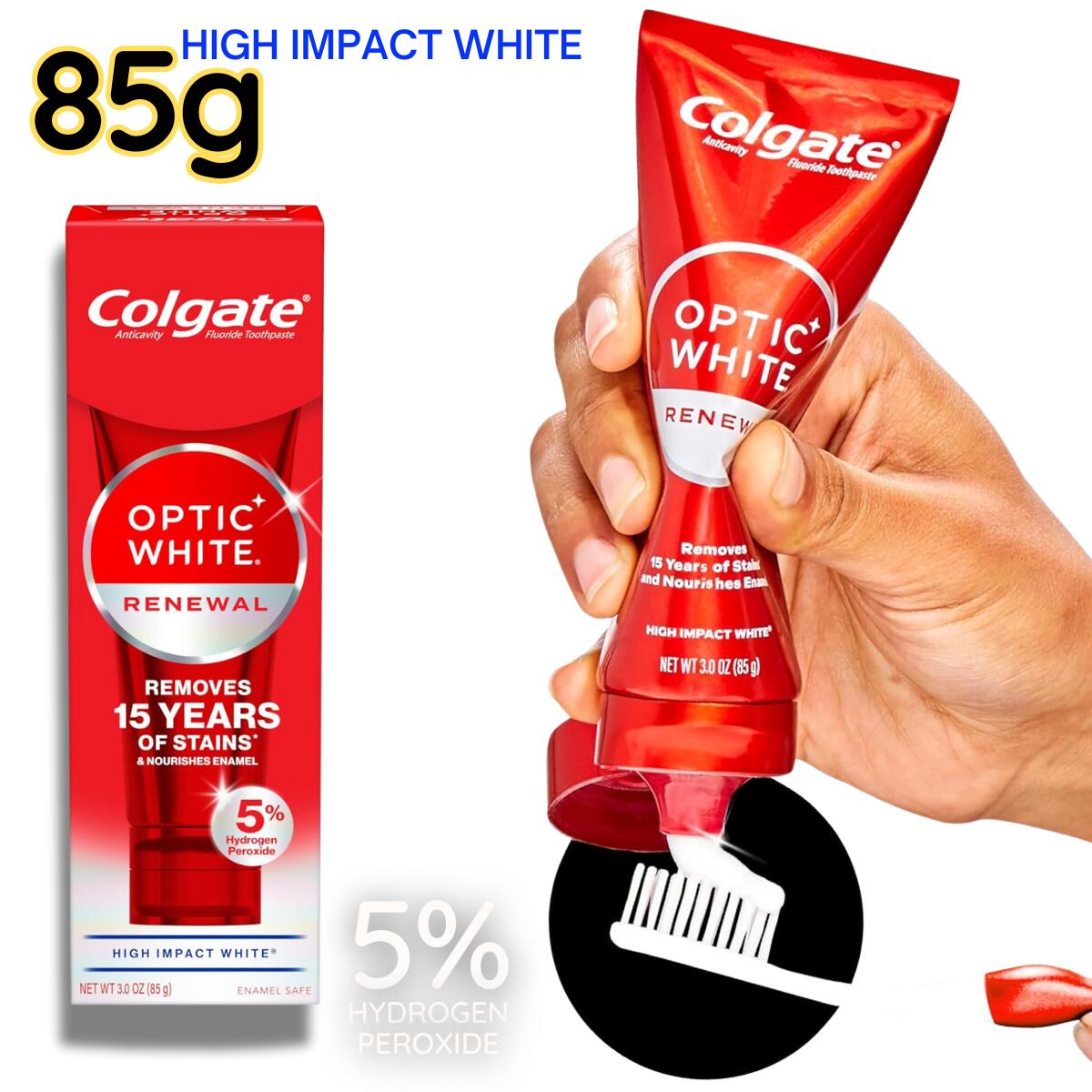 Colgate 最新版 リニューアル ハイインパクト ホワイト 5%過酸化水素 歯磨き粉 Optic White Renewal High Impact White 85g【海外配送】