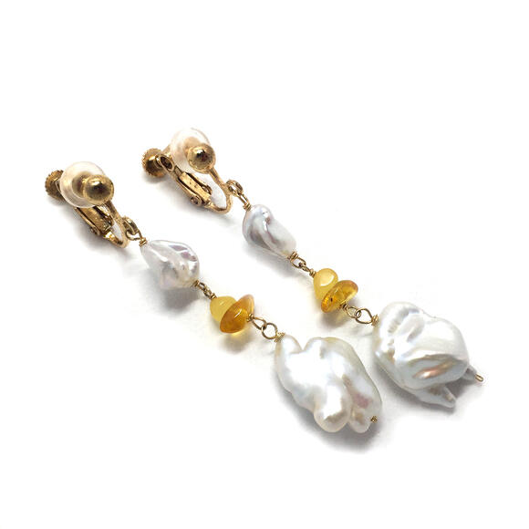 【琥珀・パールロングイヤリング】(SS)(AA)