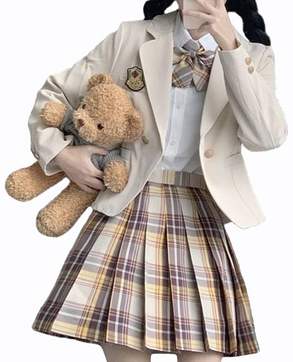女子高生 制服 学生服 チェック柄 プリーツスカート ブレザー リボン シャツ エンブレム 5点セット スクール ジャケット コート 女子高校生 セーラー服 女子制服 JK制服 学園祭 文化祭 卒業式スーツ お揃い