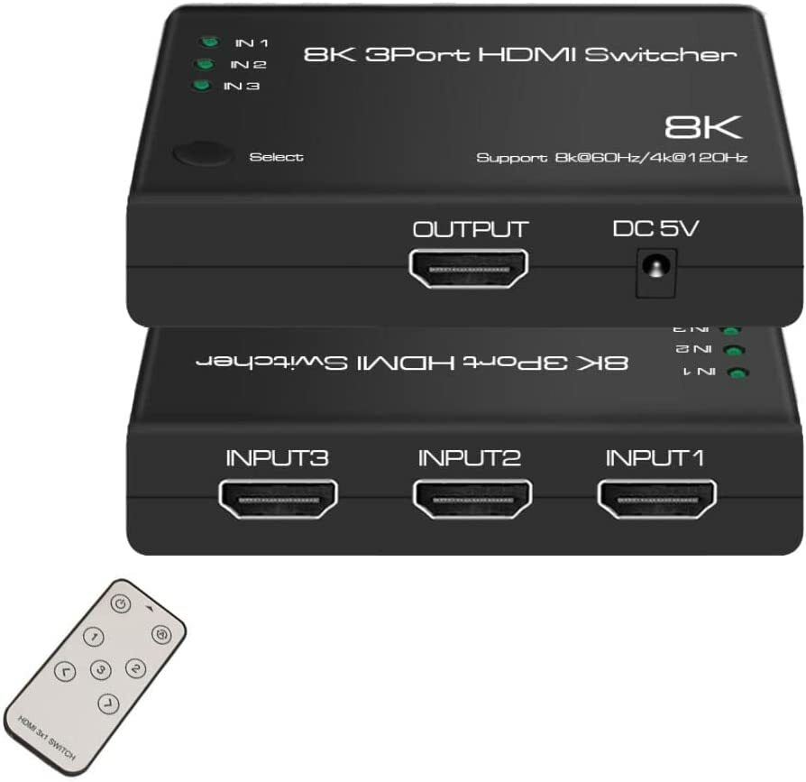 【100円クーポン券付】 8K HDMI切替器 8K@60Hz リモコン付き 4K@120HZ 3入力1出力 ES-Tune HDMI2.1 HDMIスイッチ 自動切替/手動切替