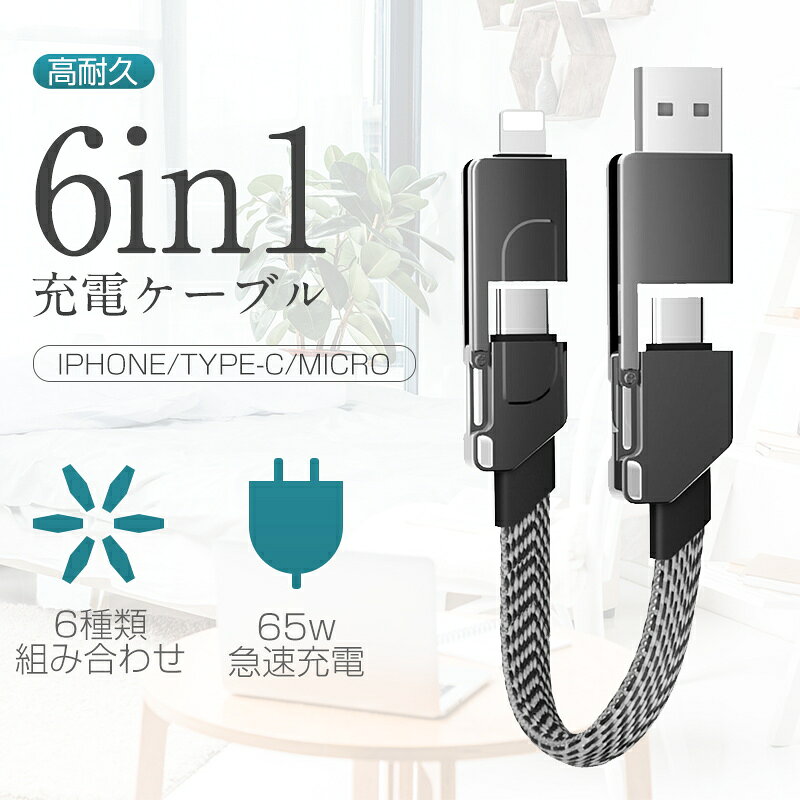 6in1 USBケーブル マルチケーブル 超便利 データ伝送 高速充電 480Mbps 高速データ通信 USB Type-C iPhone17ケーブル USB Type-C USB-A Micro iPhone端子用 iPhone15/16 Air 17Pro 17ProMaxケーブル PD65W対応 iOS/Android/Windows対応 【PL保険加入済み製品・安心】