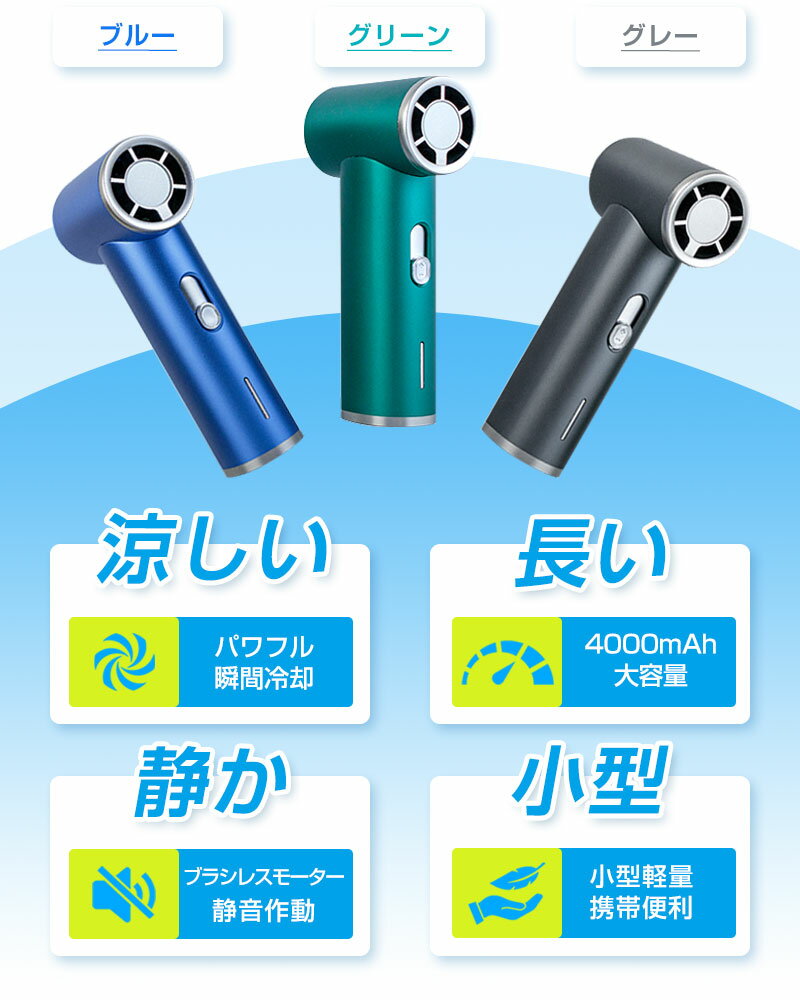 携帯扇風機 手持ちターボ扇風機 3段階風量 2026夏 ハンディファン 卓上 ポータブル扇風機 モバイルバッテリー 4000mAh 14.8Wh 大容量 iPhone/スマホ充電 急速冷却 長時間 ストラップ付き USB充電 コードレス 省エネ 小型軽量 静音 巻き込み防止 【PL保険加入済み製品・安心】