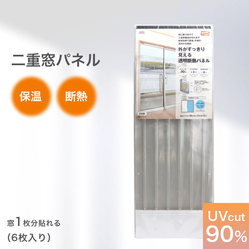 二重窓パネル 33cmx90cm 6枚入り UVカット DIY 断熱 結露 二重窓 二重ガラス 保温 省エネ 節電 掃き出し窓 断熱パネル 防寒対策 冷気 防寒 節電 窓 窓ガラス 送料無料 945100