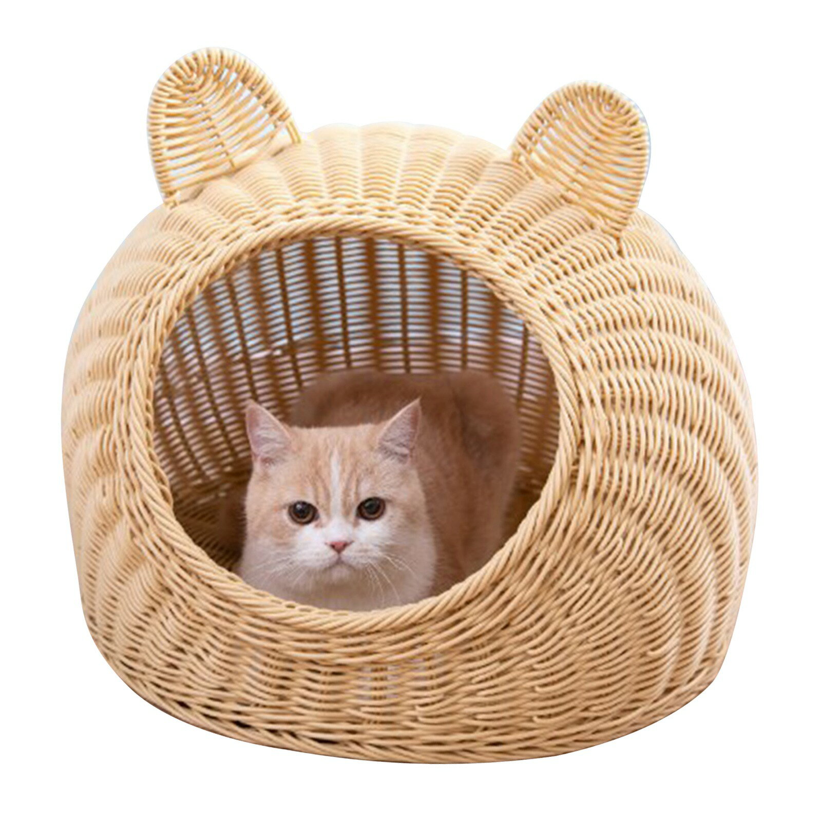 猫用ベッド可愛い猫耳模倣ラタン手織り通気性オールシーズン洗える半閉め猫ハウス屋内用