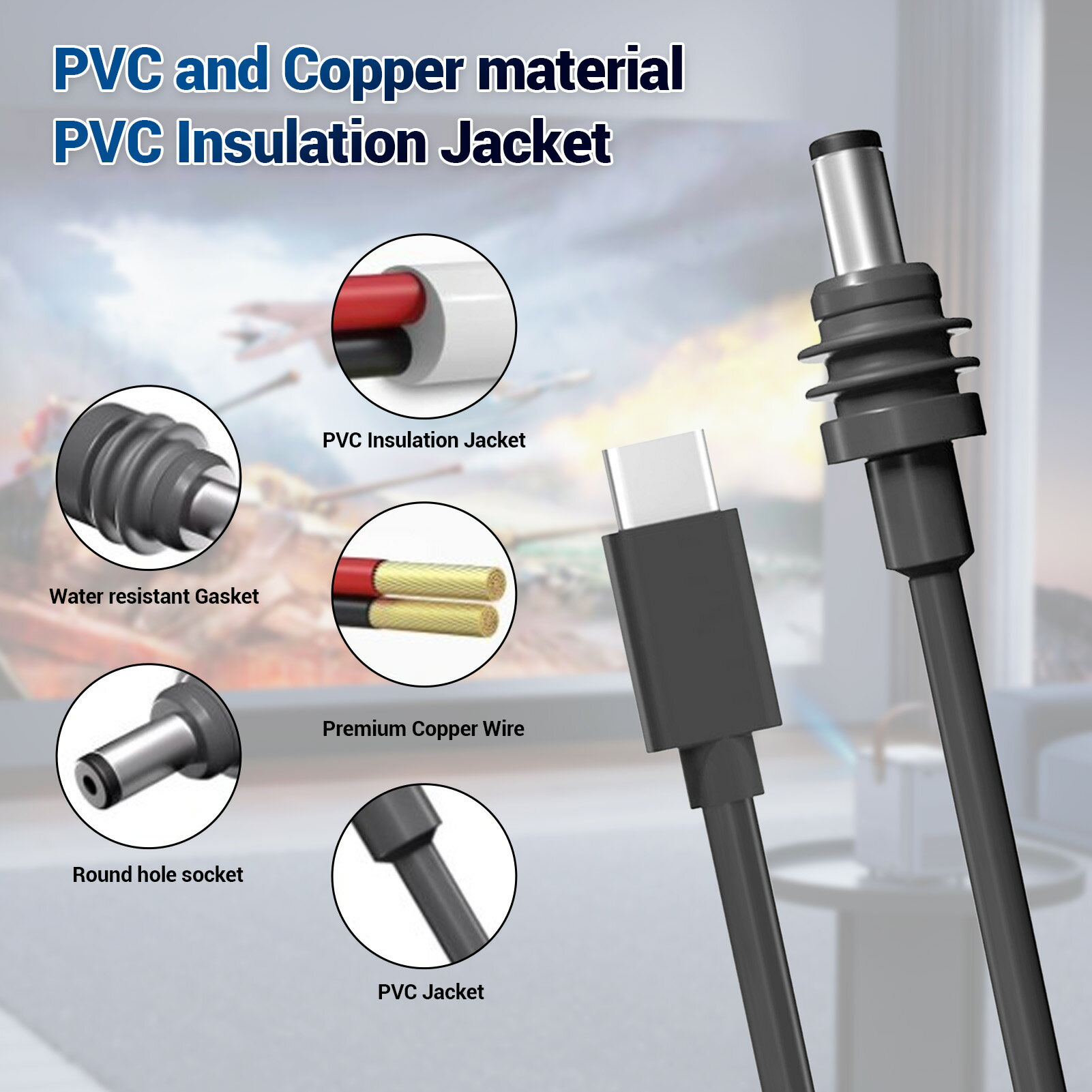 Type-C PD トリガーケーブル(USB-C) 電源ケーブル DCプラグ IP68耐水性 100W互換 18AWGワイヤ ​​屋内/..