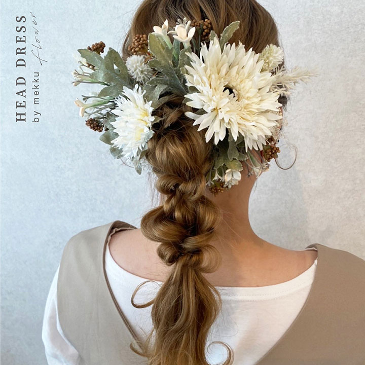 結婚式・成人式・卒業式 髪飾り/ガーベラ・かすみ草ヘッドドレス/ホワイト 白/造花 アーティフィシャル..