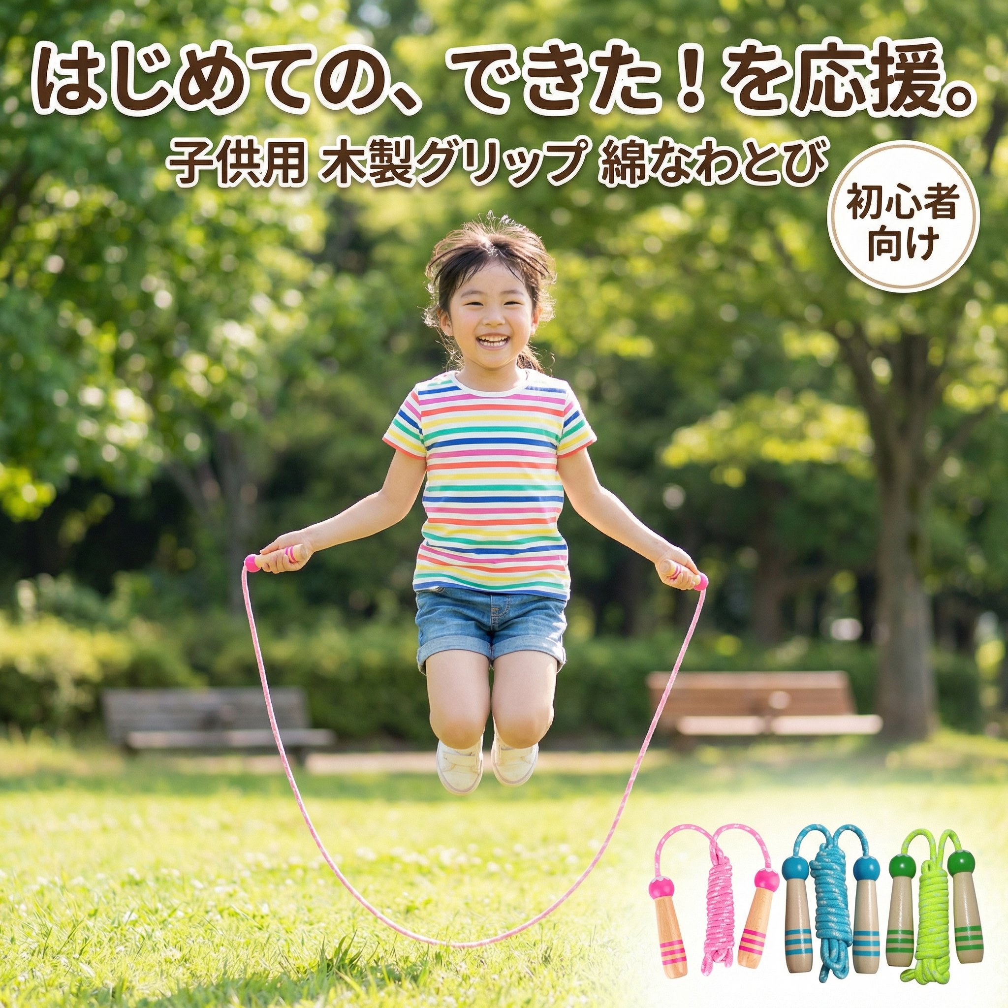 Skip Rope - 縄跳び 子供用 なわとび 幼児 小学生 初心者 練習用 体育 運動 運動会 縄飛び 調整可能 木製ハンドル ビーズ 絡まりにくい こども 男の子 女の子 人気 かわいい