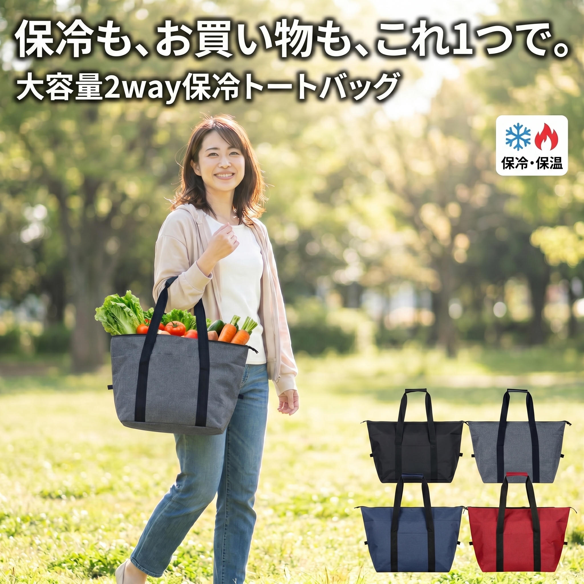 サイズ 幅47cm、高さ29cm、底30cm 素材 表地：ポリエステル（防水加工)、裏地：高密度の断熱材 カラー ブラック、グレー、ネイビー、レッドE D I T O R I A L / L I N EF E A T U R E / 01F E A T U R E / 02F E A T U R E / 03F E A T U R E / 04F E A T U R E / 05F E A T U R E / 06F E A T U R E / 07F E A T U R E / 08F E A T U R E / 09M E S S A G E保冷バック毎日の買い出しをスマートに！大容量＆高機能な保冷トートバッグ・お買い物やアウトドア、運動会など、あらゆるシーンで大活躍・たっぷり入る収納力と使いやすさにこだわった自立設計マチが広く、お弁当や生鮮食品も安定して入れることができます・高品質な保冷・保温素材を採用ファスナー付きなので冷気を逃さず、夏場の買い物やレジャーでも安心してお使いいただけます・コンパクトに折りたたみ可能軽量設計なので、メインバッグに入れて持ち歩くサブバッグ（エコバッグ）としても最適・表地には防水性に優れた素材を使用急な雨や水濡れにも強く、お手入れも簡単S H A R E / Y O U R / V O I C Eあなたの声が、誰かの助けに。お客様から頂く率直なご感想は、スタッフ一同の励みであるとともに、次に商品を検討されているお客様の大切な道標となります。お手隙の際で構いません。あなたの物語をお聞かせください。c ALL RIGHTS RESERVED. PREMIUM DESIGN SYSTEM.