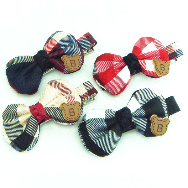 チェック柄リボン付きミニヘアクリップヘアーアクセサリー ヘアアクセサリー 赤 レッド ベージュ ネイビー 青 紺色 黒 ブラック 子供 キッズ こども ミニサイ...