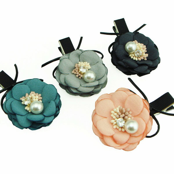 ストーン付きフラワーモチーフのヘアクリップ☆ヘアアクセサリー ヘアーアクセサリー パールモチーフ ラインストーン ビジュー お花 キラキラ ピンク オレンジ 緑...
