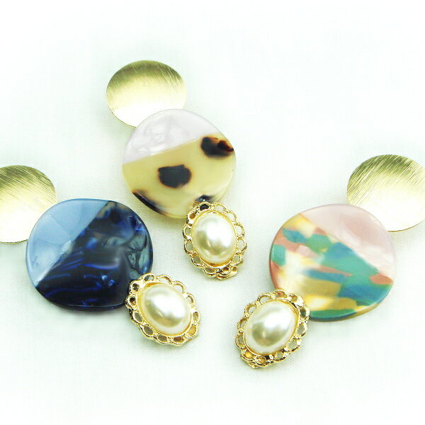 サークルモチーフ付きヘアクリップヘアアクセサリー ヘアーアクセサリー マーブル ミックス レオパード パール 円 ピンク 青 ブルー 水色 ネイビー 紺 ゴール...