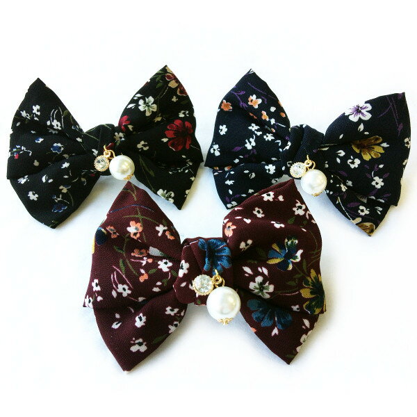 ストーン付フラワープリントリボンバレッタヘアアクセサリー ヘアーアクセサリー りぼん パール ラインストーン ボルドー パープル 紫 ワイン 赤 ネイビー 紺色...