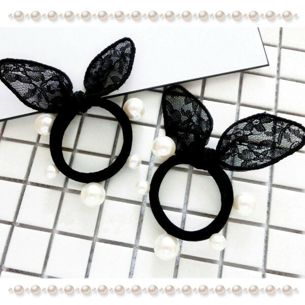 パールモチーフ付ワイヤー入ウサ耳リボンヘアゴムヘアアクセサリー ヘアーアクセサリー レディース りぼん うさ耳 レース 黒 ブラック 誕生日 ギフト プレゼント...