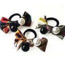 大粒ボール付スカーフ柄リボンヘアゴムヘアアクセサリー ヘアーアクセサリー 髪飾り まとめ髪 パール りぼん スカーフプリント ベージュ グレー ブラック 黒 プ...