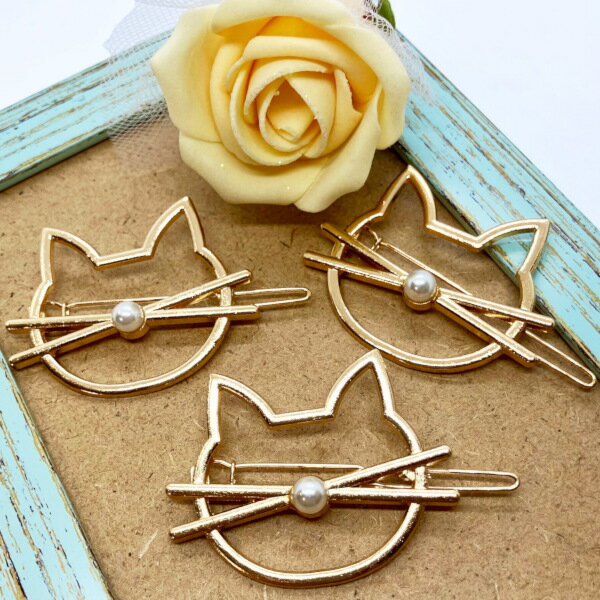 ネコさんモチーフのメタルフレームヘアピンシンプル ヘアクリップ クリップ おしゃれ まとめ髪 ハーフ..