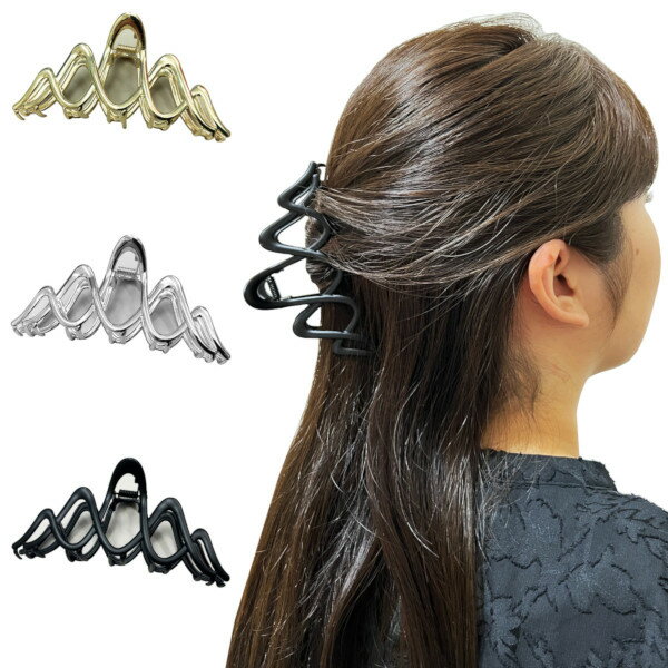 ヘアクリップ 韓国 ウェーブが美しい大きめメタリックバンスクリップ シンプル おしゃれ ヘアアクセサリー ヘアクリップ 波型 ゴールド 金 シルバー 銀 ブラッ...
