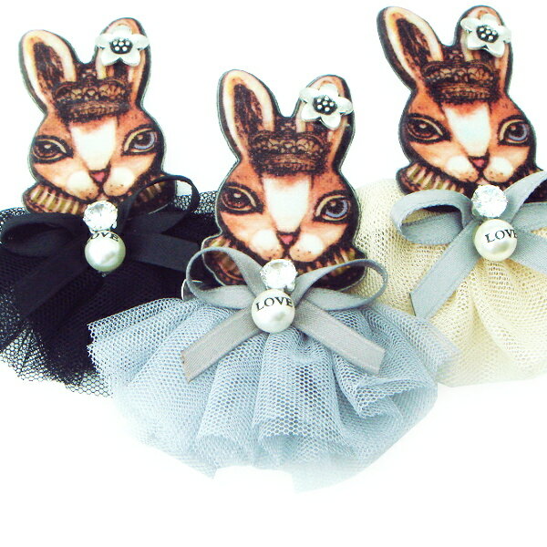 2WAYストーン付ウサギのコサージュ☆ヘアアクセサリー ヘアーアクセサリー パーティー 発表会 うさぎ ラビット パール ラインストーン チュール アイボリー ...