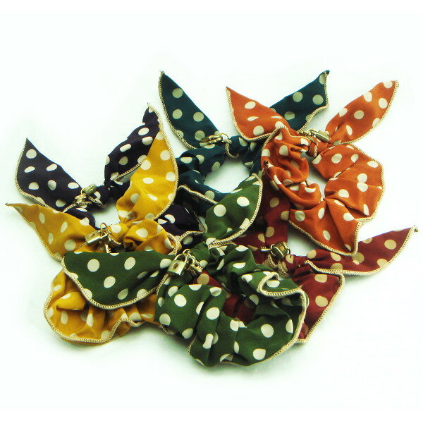 キーチャーム付ドット柄リボンシュシュ☆ヘアアクセサリー ヘアーアクセサリー うさ耳 ウサ耳 りぼん ノンワイヤー オレンジ カーキ グリーン 緑 レッド 赤 マ...