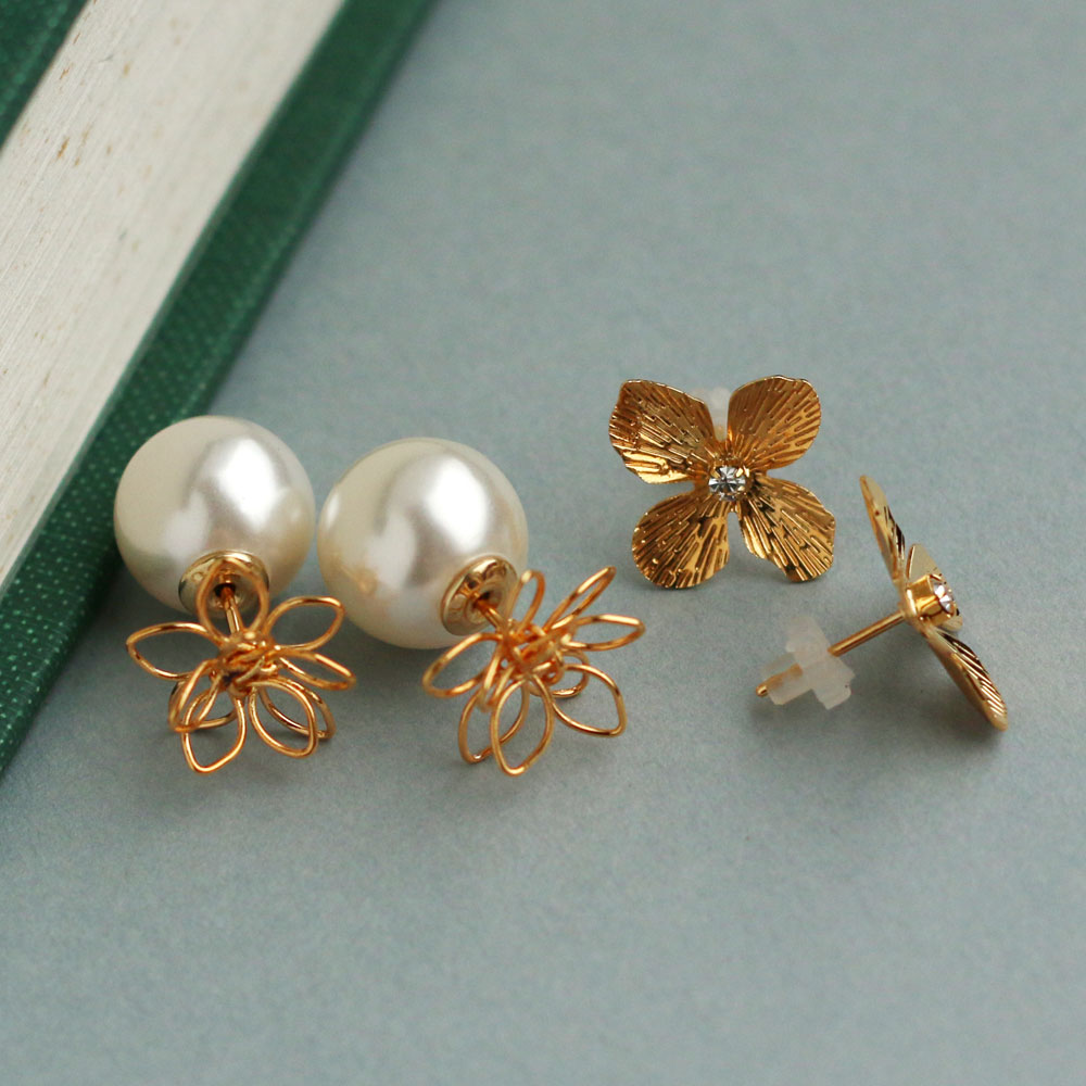 50%OFFクーポン ピアス 日本製 K18GP フラワー 花 パール トライバル 2way バックパールキャッチ バックキャッチ リバーシブル パールキャッチ ゴールド アクセサリーのサムネイル