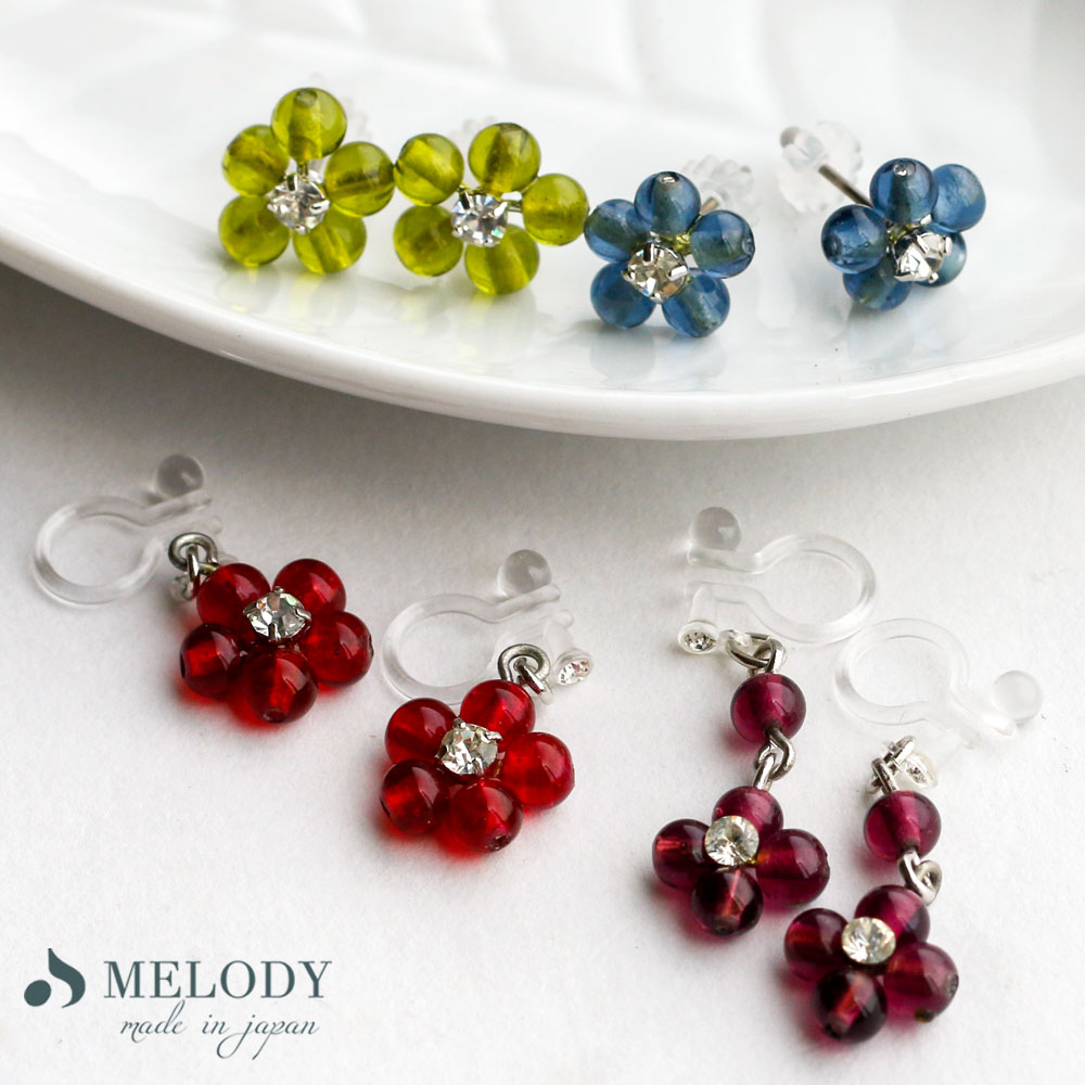 【最大10%OFFクーポン】イヤリング ピアス 日本製 K18GP ガラス カラー 花 フラワー 在庫限り ワンコイン ノンホール スタッドピアス おしゃれ ジ...