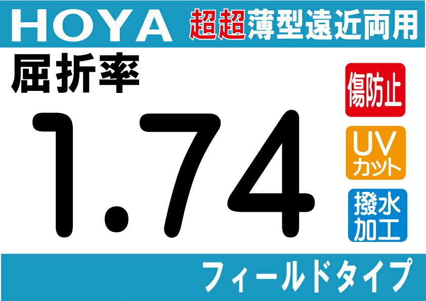 HOYA NEWハイグレード傷防止コート付超超薄型遠近両用レンズ屈折率1.74超撥水加工＋UVカットシンクロフィールドタイプ両面シンクロ設計（2枚価格) レンズ交換のみでもOK