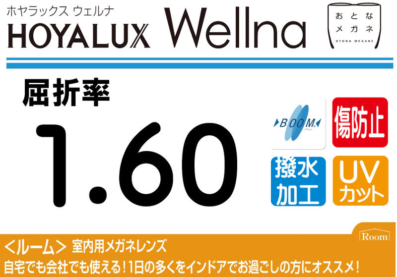 HOYA プレミアムグレード傷防止コート付薄型遠近両用レンズ屈折率1.60超撥水加工＋UVカットWellna ルーム 両面複合累進違和感軽減設計（2枚価格) レンズ交換のみでもOK