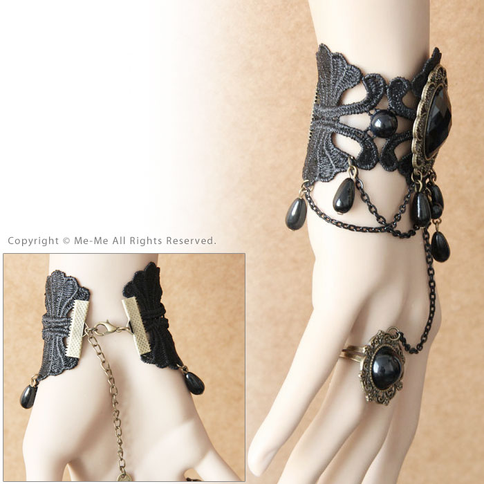 【リング ブレスレット】クラシカルレース&ビジューのリングブレスレット(黒 ブラック)[wsa323]/ミーミー☆5400円（税込）以上で【送料無料】【コスプレ】結婚式 ウェディング パーティー お呼ばれ 衣装にも♪
