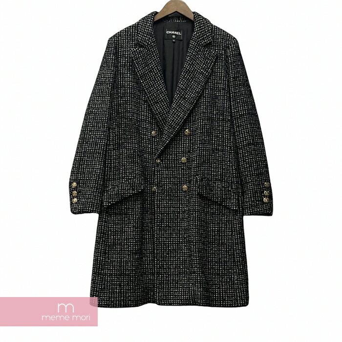 CHANEL 2021SS Coat P70097V61714 M9999 シャネル ロングコート ツイード ココマーク センターフックベント ブラック×ホワイト サイズ42【231013】【中古-A】【me04】