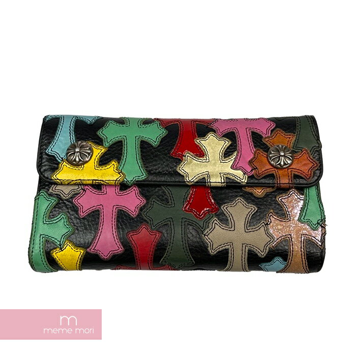 CHROME HEARTS Multi Cross Wave Wallet クロムハーツ マルチクロスウェーブウォレット 二つ折り長財布 クロスボタン クロスパッチ レザー ダガー ブラック×マルチカラー 【220713】【中古-B】【me04】