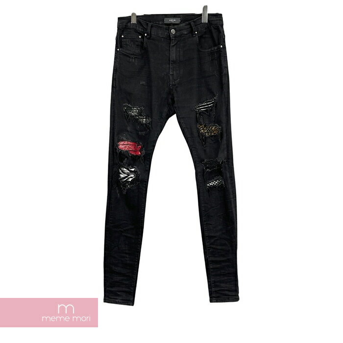 AMIRI Patch Jeans アミリ パッチジーンズ バイカーデニムパンツ スキニー リペア・ダメージ加工 バンダナ柄 ブラック サイズ34 【220413】【中古-B】【me04】