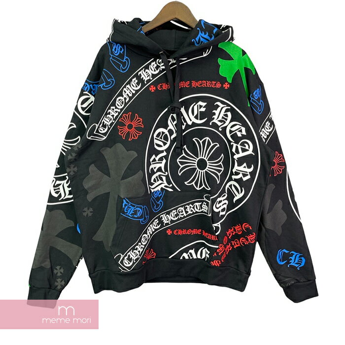 CHROME HEARTS Stencil Hoodie クロムハーツ ステンシルフーディ プルオーバーパーカー 総柄ロゴプリント ブラック×マルチカラー サイズL【240219】【新古品】【me04】