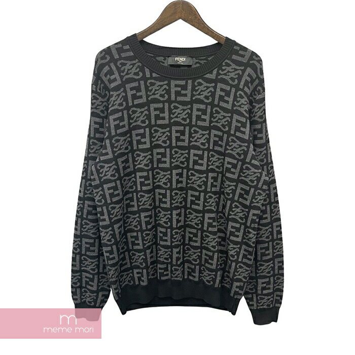 FENDI FF Jacquard Knit Jumper FZX009 AI35 フェンディ FFジャガードニットジャンパー セーター 総柄ロゴ ブラック×グレー サイズ54【220626】【中古-A】【me04】