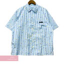 PRADA 2022SS Short-sleeved Shirt in Printed Stretch Cotton UCS339 S211 10N9 プラダ プリンテッドストレッチコットンショートスリーブシャツ 半袖 ボウリングシャツ ロゴプリント ストライプ ドット ライトブルー サイズL【230906】【中古-B】【me04】