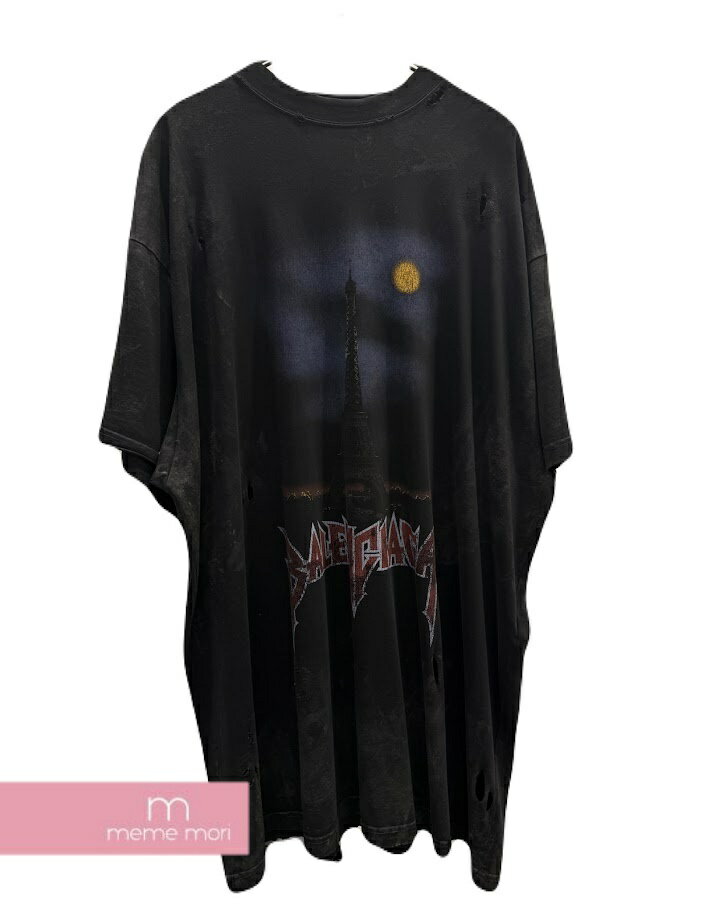 BALENCIAGA Paris Moon Tee バレンシアガ Tシャツカットソー デストロイ加工 ロゴプリント ブラック サイズ4 【250615】【中古-B】